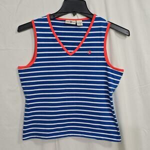 Duck Head Womens M Blue White Striped Sleeveless V-Neck Tank Contrast Trim